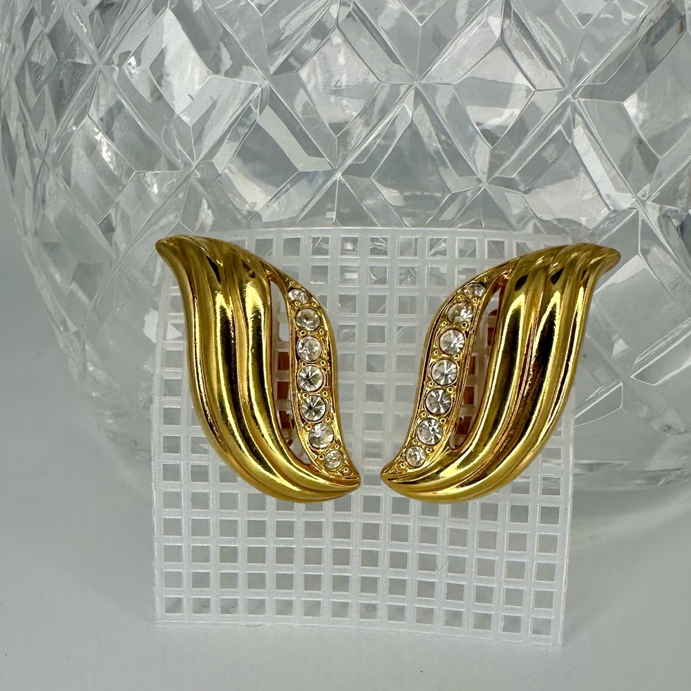 3” Vintage AVON Chunky Gold-tone Crystal Wing Clip on Signed Costume Earrings